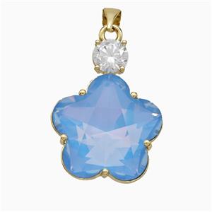 Blue Crystal Glass Flower Pendant Copper Gold Plated, approx 19-25mm [FD21200]