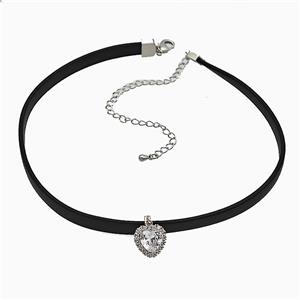 Black PU Leather Necklace With Copper Heart Pave Zirconia, approx 12mm, 7mm, 30-40cm length [FD21208]