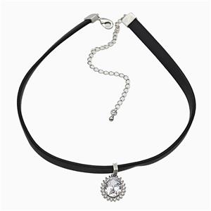 Black PU Leather Necklace With Copper Circle Pave Zirconia, approx 13-16mm, 7mm, 30-40cm length [FD21209]