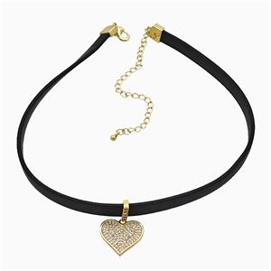 Black PU Leather Necklace With Copper Heart Pave Zirconia, approx 18mm, 7mm, 30-40cm length [FD21210]