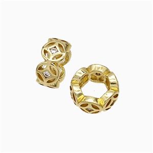 Copper Rondelle Beads Pave Zirconia Large Hole Gold Plated, approx 10mm [FD21219]