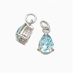 Copper Teardrop Pendant Pave Zirconia Aqua Crystal Glass Platinum Plated, approx 7-8mm [FD21226]
