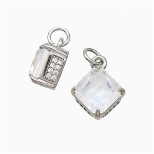 Copper Square Pendant Pave Zirconia White Crystal Glass Platinum Plated, approx 8-11mm [FD21238]