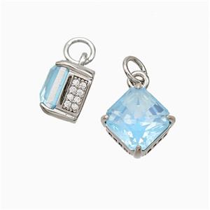 Copper Square Pendant Pave Zirconia Blue Crystal Glass Platinum Plated, approx 8-11mm [FD21240]