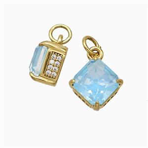 Copper Square Pendant Pave Zirconia Blue Crystal Glass Gold Plated, approx 8-11mm [FD21241]