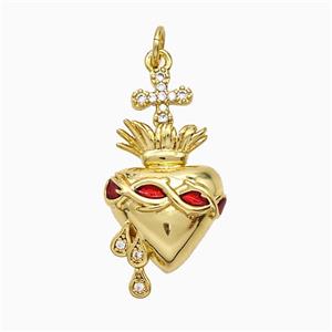 Copper Heart Cross Pendant Pave Zirconia Red Painted Gold Plated, approx 14-27mm [FD21295]