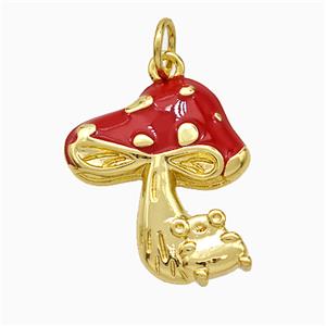 Copper Mushroom Pendant Red Enamel Gold Plated, approx 16-18mm [FD21321]
