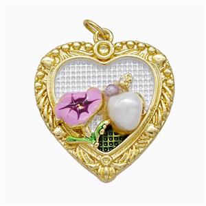 Copper Flower Pendant Pave Resin Painted Heart Gold Plated, approx 22mm [FD21336]