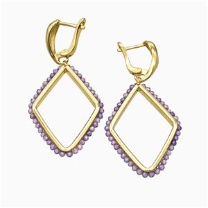 Copper Latchback Earrings Rhombus Crystal Glass Wire Wrapped Gold Plated, approx 26-36mm, 14-18mm [FD21345]