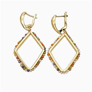 Copper Latchback Earrings Rhombus Crystal Glass Wire Wrapped Gold Plated, approx 26-36mm, 14-18mm [FD21346]
