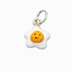 Fried Egg Charms Copper Pendant Smiling White Yellow Enamel Platinum Plated, approx 11mm [FD21354]
