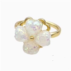 Copper Clover Rings Pave White Fire Opal Rotatable Gold Plated, approx 13-14mm, 18mm dia [FD21375]