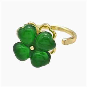 Copper Clover Rings Pave Green Acrylic Rotatable Gold Plated, approx 13-14mm, 18mm dia [FD21379]