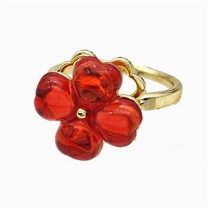 Copper Clover Rings Pave Red Acrylic Rotatable Gold Plated, approx 13-14mm, 18mm dia [FD21381]