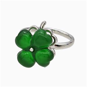Copper Clover Rings Pave Green Resin Rotatable Platinum Plated, approx 14mm, 18mm dia [FD21385]