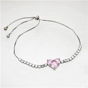 Copper Bracelet Pave Crystal Glass Heart Adjustable Platinum Plated, approx 13-14mm, 1mm, 28cm length [FD21453]