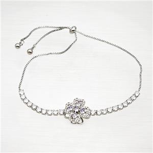 Copper Bracelet Pave Crystal Glass Clover Platinum Plated, approx 15mm, 1mm, 28cm length [FD21458]