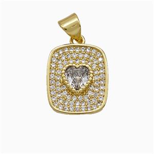 Copper Rectangle Heart Pendant Pave Zirconia Gold Plated, approx 12-14mm [FD21469]