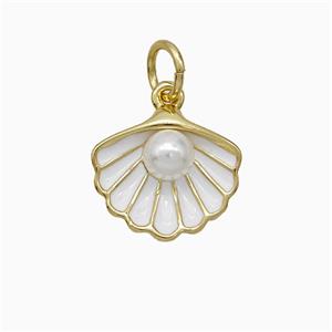 Scallop Shell Charms Copper Pendant Pave Resin White Enamel Gold Plated, approx 12-14mm [FD21519]