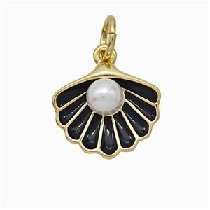 Scallop Shell Charms Copper Pendant Pave Resin Black Enamel Gold Plated, approx 12-14mm [FD21520]
