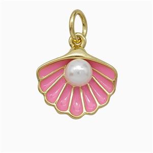 Scallop Shell Charms Copper Pendant Pave Resin Pink Enamel Gold Plated, approx 12-14mm [FD21521]