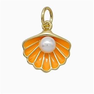 Scallop Shell Charms Copper Pendant Pave Resin Orange Enamel Gold Plated, approx 12-14mm [FD21522]