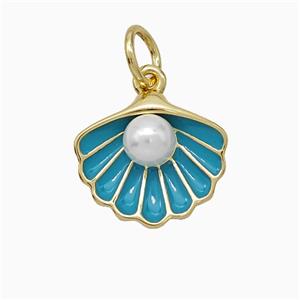 Scallop Shell Charms Copper Pendant Pave Resin Teal Enamel Gold Plated, approx 12-14mm [FD21523]