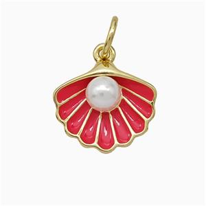 Scallop Shell Charms Copper Pendant Pave Resin Red Enamel Gold Plated, approx 12-14mm [FD21524]