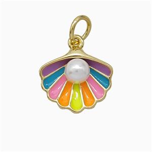 Scallop Shell Charms Copper Pendant Pave Resin Multicolor Enamel Gold Plated, approx 12-14mm [FD21525]
