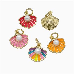 Scallop Shell Charms Copper Pendant Pave Resin Enamel Gold Plated Mixed, approx 12-14mm [FD21526]