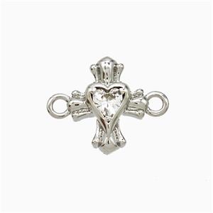 Copper Heart Cross Connector Pave Zirconia Platinum Plated, approx 12mm [FD21531]