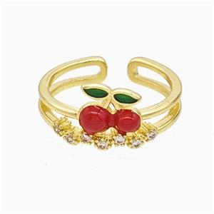 Copper Cherry Rings Pave Zirconia Red Enamel Gold Plated, approx 8mm, 18mm dia [FD21633]