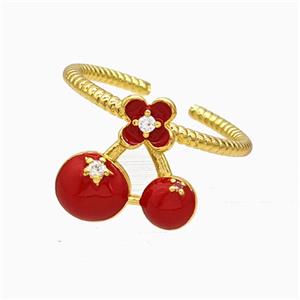 Copper Cherry Rings Pave Zirconia Red Enamel Gold Plated, approx 13-14mm, 18mm dia [FD21634]