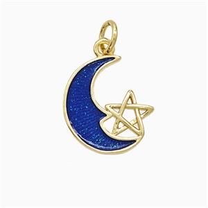 Copper Moon Pendant Blue Painted Star Gold Plated, approx 13-14mm [FD21654]