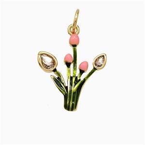 Copper Flower Pendant Green Pink Enamel Gold Plated, approx 14-16mm [FD21658]