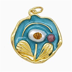 Copper Flower Pendant Teal Painted Gold Plated, approx 19mm [FD21659]