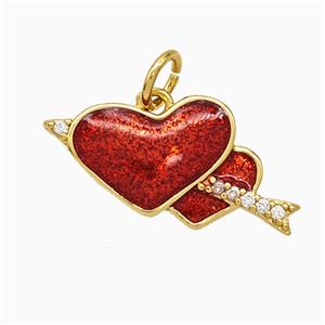 Copper Heart Cupid Arrow Pendant Pave Zirconia Red Painted Gold Plated, approx 10-20mm [FD21676]