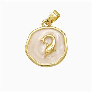Copper Dolphin Pendant White Painted Circle Gold Plated, approx 15mm [FD21706]
