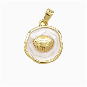 Copper Scallop Shell Pendant White Painted Circle Gold Plated, approx 15mm [FD21707]