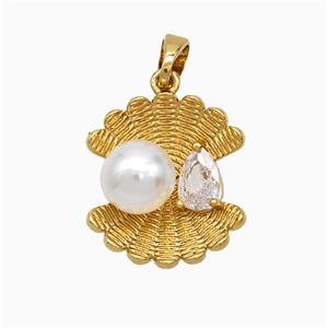 Copper Scallop Shell Pendant Pave Pearlized Resin Gold Plated, approx 15-16mm [FD21731]