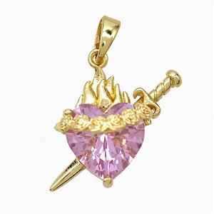 Copper Heart Sword Pendant Pave Pink Crystal Glass Gold Plated, approx 12-20mm [FD21749]