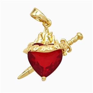 Copper Heart Sword Pendant Pave Red Crystal Glass Gold Plated, approx 12-20mm [FD21750]