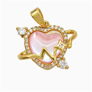 Copper Heart Pendant Pave Zirconia Pink Acrylic Gold Plated, approx 13-17mm [FD21752]