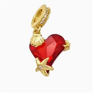 Copper Heart Pendant Pave Crystal Glass Starfish Shell Gold Plated, approx 13-15mm, 9mm dia [FD21756]