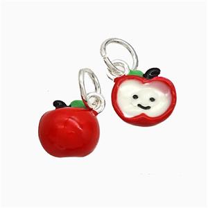 Copper Apple Pendant White Red Enamel Platinum Plated, approx 10mm [FD21788]