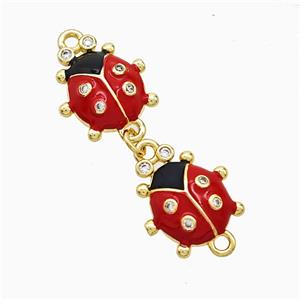 Copper Ladybug Connector Pave Zirconia Red Enamel Gold Plated, approx 13-30mm [FD21811]
