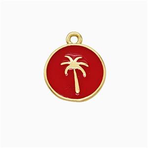 Coconut Tree Charms Copper Palm Pendant Red Enamel Gold Plated, approx 13mm [FD21821]