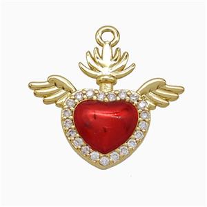 Copper Heart Angel Wings Pendant Pave Zirconia Red Painted Gold Plated, approx 17-20mm [FD21868]