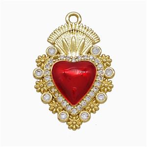 Copper Heart Pendant Pave Zirconia Red Painted Gold Plated, approx 16-22mm [FD21870]