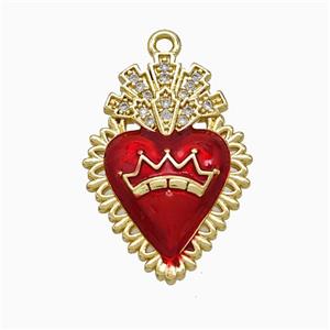Copper Heart Pendant Pave Zirconia Red Painted Crown Gold Plated, approx 16-23mm [FD21871]